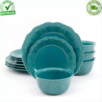 $35.99 • Buy 12-Piece Dinnerware Set Serving Dishes Service Cowgirl Lace Teal Free Shipping