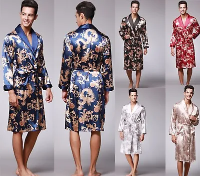 Mens Satin Silk Pajamas Kimono Bathrobe Robe Dressing Gown Sleepwear Loungewear • £17.99