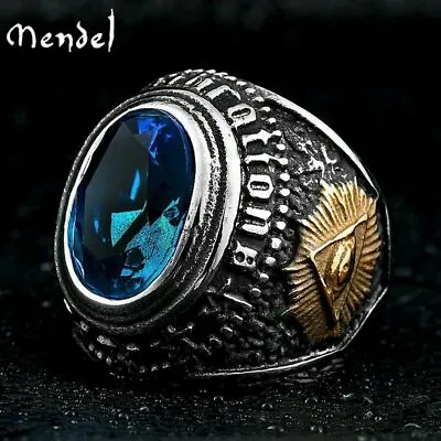 MENDEL Mens Gold Plated Illuminati Masonic Ram Blue Aquamarine CZ Stone Ring Men • $14.99