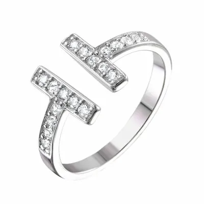 Sterling Silver Double T-Bar Open Ring W/ Cubic Zirconia Stones • $18.99