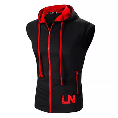 Mens Sleeveless Zip Up Hoodie Tops Sport Gym Fitness Hooded T Shirt Muscle Vest • $18.99