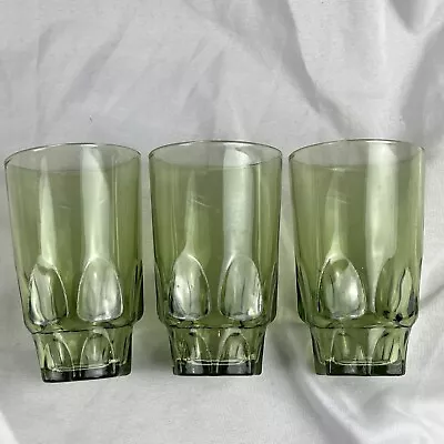 Vintage Hazel Atlas Reflection Thumbprint Avocado Green Glass Tumblers Set 3 MCM • $26.99