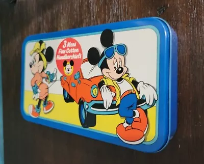 Vintage Mickey Tin Pencil Box Trinket  With Two New Men Cotton Handkerchiefs • $20