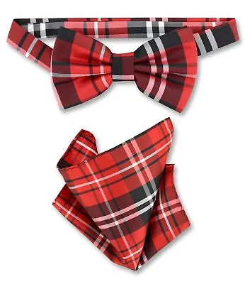 Vesuvio Napoli BowTie Black Red White Plaid Design Mens Bow Tie And Handkerchief • $12.95