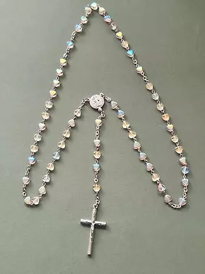 Iridescent Heart Shaped Glass Beads + Metal Crucifix Rosary #110 • £4.95