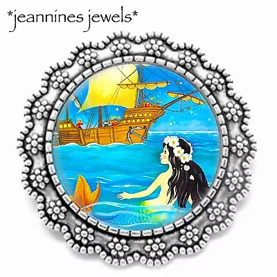 Little Mermaid BROOCH Vintage Fairytale Illustration ART PRINT Silver Lapel Pin • $21.99