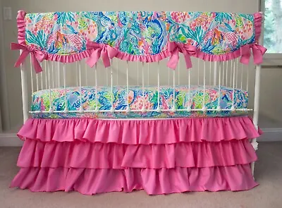 Baby Girl Crib Bedding Set - Pink Lime Mermaid Cove Nursery • $55