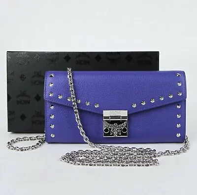 $495 MCM Spectrum Blue Leather Patricia Studded Chain Wallet MYL9SPA40HG001 • $234.99