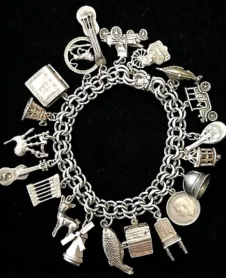 Vintage Sterling Silver Heavy Charm Bracelet 68 Grams 20 Charms • $225