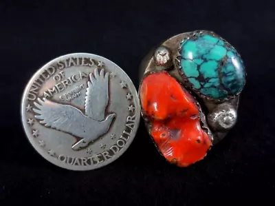 Vintage Navajo Ring - Sterling Silver Turquoise And Coral - Large - Size: 10 • $189