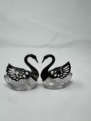 Pair Of Mid Century Vintage Crystal Swans Silver Plated • $36.44