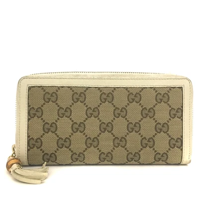 $1 • Buy GUCCI GG Logo Bamboo Tassel Canvas Leather Zip Around Long Wallet /1J2126