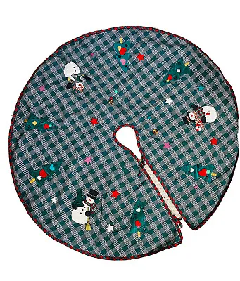 Vtg Plaid Christmas Tree Skirt With Snowman Hearts Stars Buttons Appliques 40  • $29.98