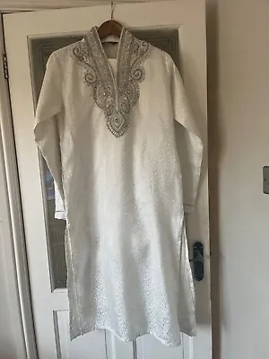 Mens Kurta With Chori Pajama - White With Neck Embroidery. Size 36 • £60