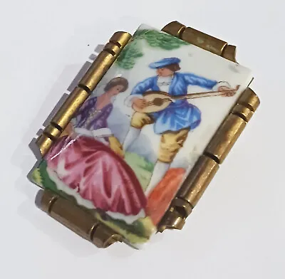 Vintage LIMOGES PORCELAIN Rectangular Brooch: Painting Of Courting Couple • £22.13