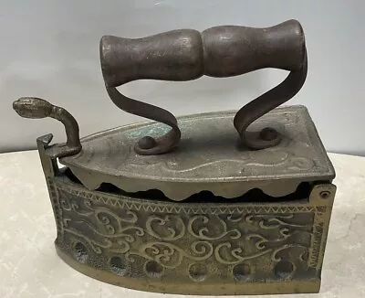 Vintage Retro Brass Wood Handle Charcoal Mini Clothes Iron Foliage Ornate Scroll • $59.50