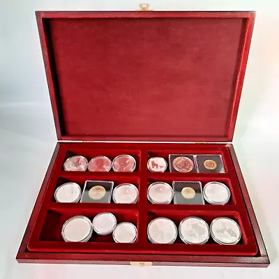 Wooden Coin Tray Cabinet Case Gold Silver Collection Box 6 Slots Diameter 142x54 • £32.95