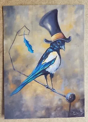 PRINT~Steampunk~~MAGPIE~~BIRD~~Whimsical~ART~5  X 7 ~Tophat~Surreal~feather  • $6