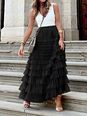 Women Layered Tiered Tulle Maxi Skirt Sheer Mesh A Line Skirt Flared Elastic • $21.99