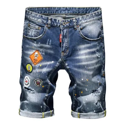 New Men's Slim Patch Short Jeans Casual Pants Ripped Badge Denim Shorts Trousers • $23.66