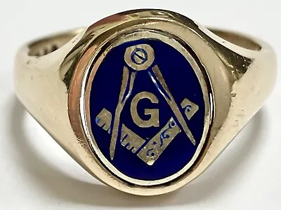 “9ct Yellow Gold & Blue Enamel Masonic Design Gents Ring” • £325