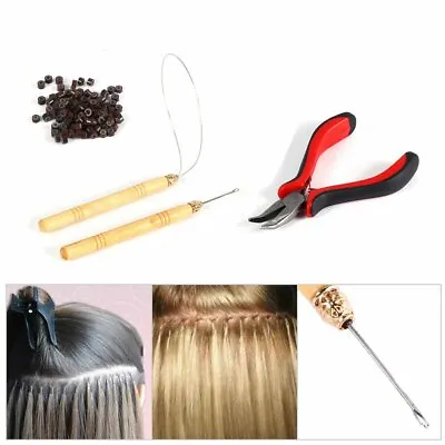 Hair Extensions Pliers Hook Tool Kit For Micro Rings Loop +100pcs Silicone Bead • £8.46