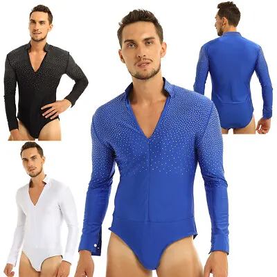 Mens Long Sleeve Bodysuit Shiny Rhinestones Latin Rumba Dance Ballroom Shirt Top • £11.03