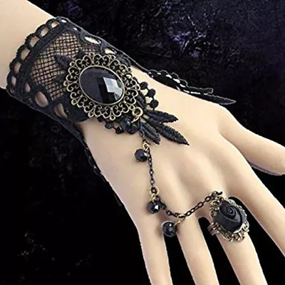 Costume Jewelry Black Gothic Lace Hand Bracelet Set Chain Finger Ring GA • £3.55