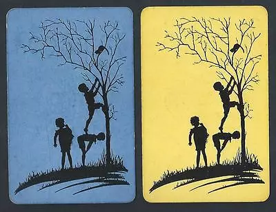 #100.100 Vintage Swap Card -EXC Pair- Silhouette Children Blue & Yellow • $4