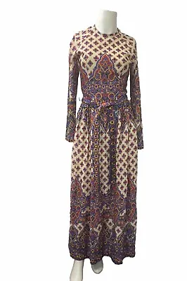 Saks Fifth Avenue Maxi Dress Womens 60s Medallions Boho Long Sleeve Retro Vtg • $134.89