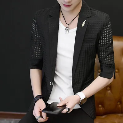 Fashion Mens Korean Hollow Out Short Sleeves Lapel Collar Blazer Summer Jackets • $32.17