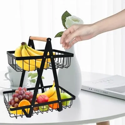 2 Tier Fruit Basket Handle Holder Rack Vegetable Bowl Storage Stand Dining Unit • £9.95