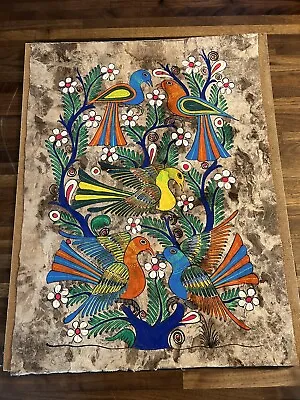 Vintage- Mexican Folk Art -Amate Bark Painting-Bird-Flowers- Original Art - • $25