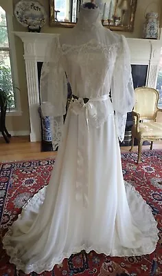 VTG Ivory Victorian Wedding Illusion Gown Poets Sleeve Peplum Cathedral Train S • $145