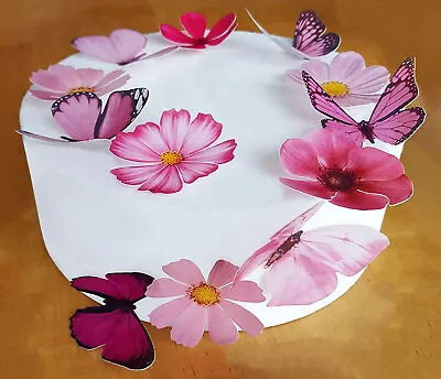 * Pre-cut Beautiful Pink Butterfly & Flower Edible Wafer Cake Topper Decorations • £4.19