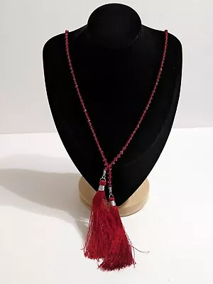 C1946 Flapper Lariat Red Acrylic Faceted Bead Tassel Necklace. Adjustable. • $9.60