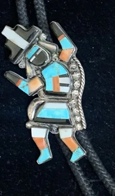 Vintage Zuni Sterling Silver￼ Turquoise Inlay Kachina Dancer Bolo Tie Necklace • $258
