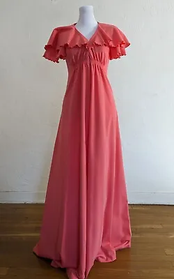 Vintage 70s Maxi Ruffle Pink Coral Dress Allegro New York Small • $40