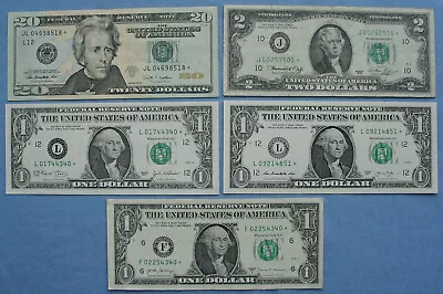 5 US Star Note Lot - 2009 $20 1976 $2 2003/2013/2017-A $1 (dollar Bill) • $59.99