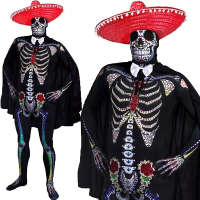 Mens Day Of The Dead Costume Skeleton Skinsuit Sombrero Cape Bow Tie Fancy Dress • £27.89