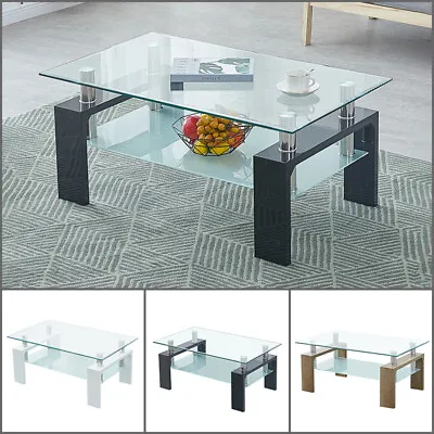Rectangle Glass Coffee Table Modern Living Room Furniture Shelf White Black Wood • £55.99