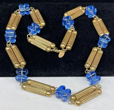 Miriam Haskell Chunky Necklace Rare Vintage Gilt Blue Glass 28  Signed A55 • $298