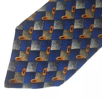 Bugatchi Uomo Blue Gray Check 100% Silk Neck Tie Yellow Ovals Made In Italy A219 • $10.95