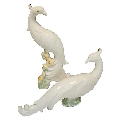  Vintage Pair Mid Century Modern Peacock Figurines Pottery Painted  13  & 7  • $57.77