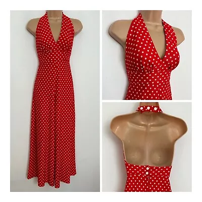 American Vintage 70s Red & White Polka Dot Print Halter Wide Leg Jumpsuit 4-6 • £7.99