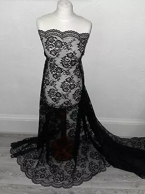 1m Black  SCOLLOPED Vintage French Bridal Lace Fabric Chantilly Wedding Dress • £9.99