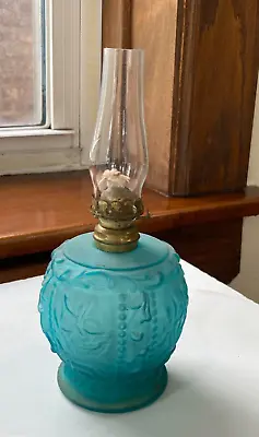Miniature Kerosene Lamp Blue With Paneled Flowers Circa 1890s Exc Condiiton • $24.99