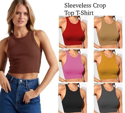 £6.47 • Buy Women's Ladies Sleeveless Crop Top T-Shirt Vest Round Neck Midriff Plain Blouse