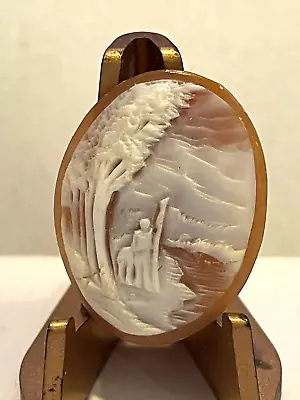 Beautiful Hand Carved Shell Cameo Of Man And Animal Along A River Path Signed • $65