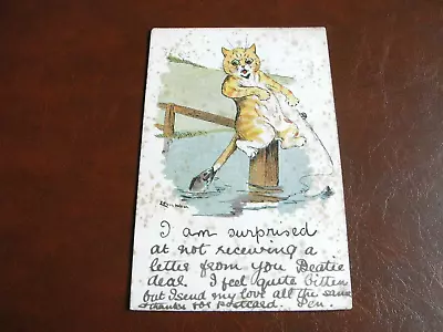 Original  Louis Wain Signed Anthropomorphic Cat Postcard - I Am Surprised Fish. • £12.50